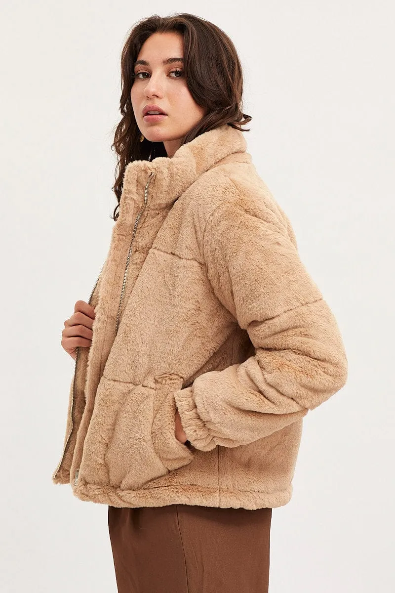 Beige Faux Fur Jacket Long Sleeve