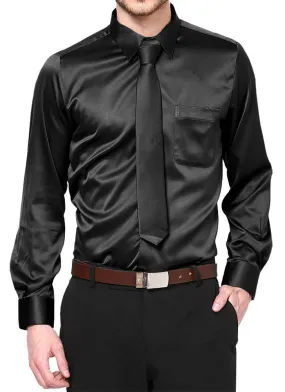 Boys Satin Long Sleeve Dress Shirt with Tie & Pocket Square