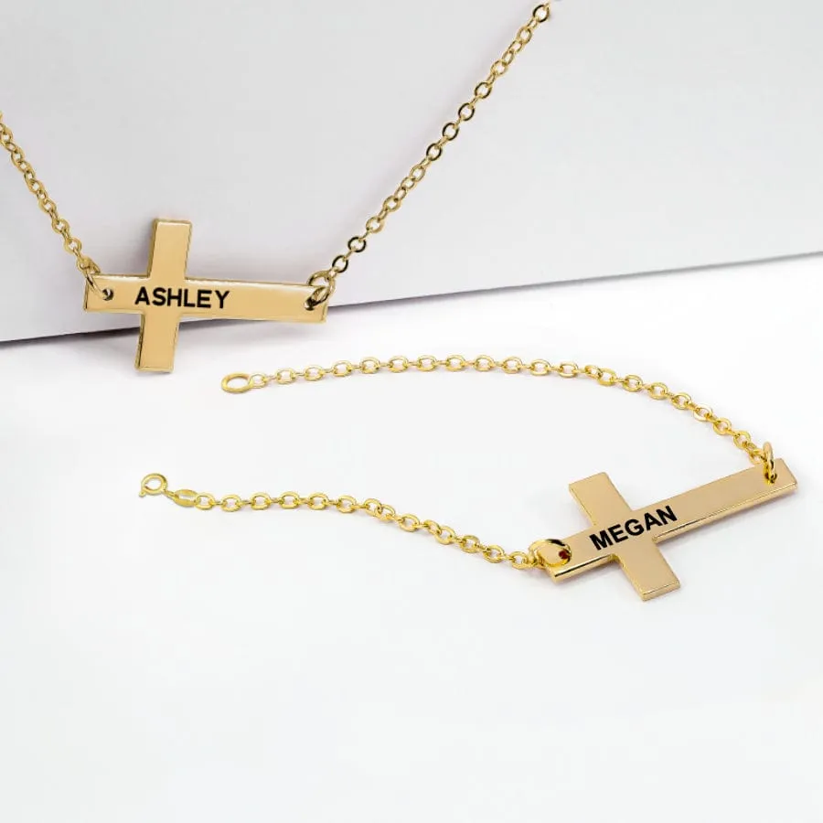 Engraved Horizontal Cross Necklace with Bracelet Option