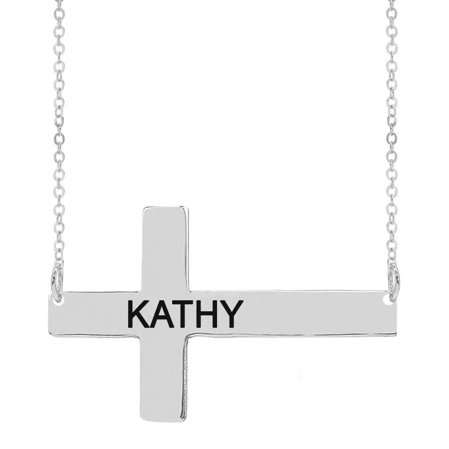 Engraved Horizontal Cross Necklace with Bracelet Option