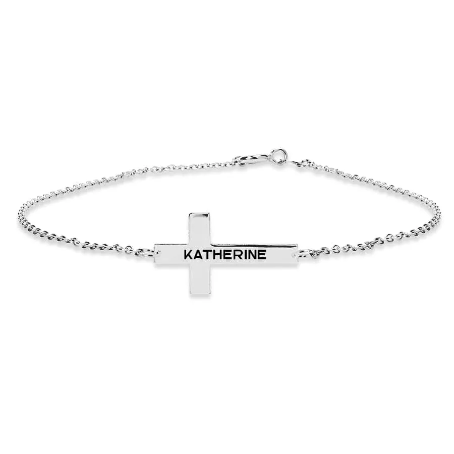 Engraved Horizontal Cross Necklace with Bracelet Option