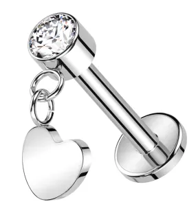 Heart Dangle Clear CZ Titanium Threadless Labret