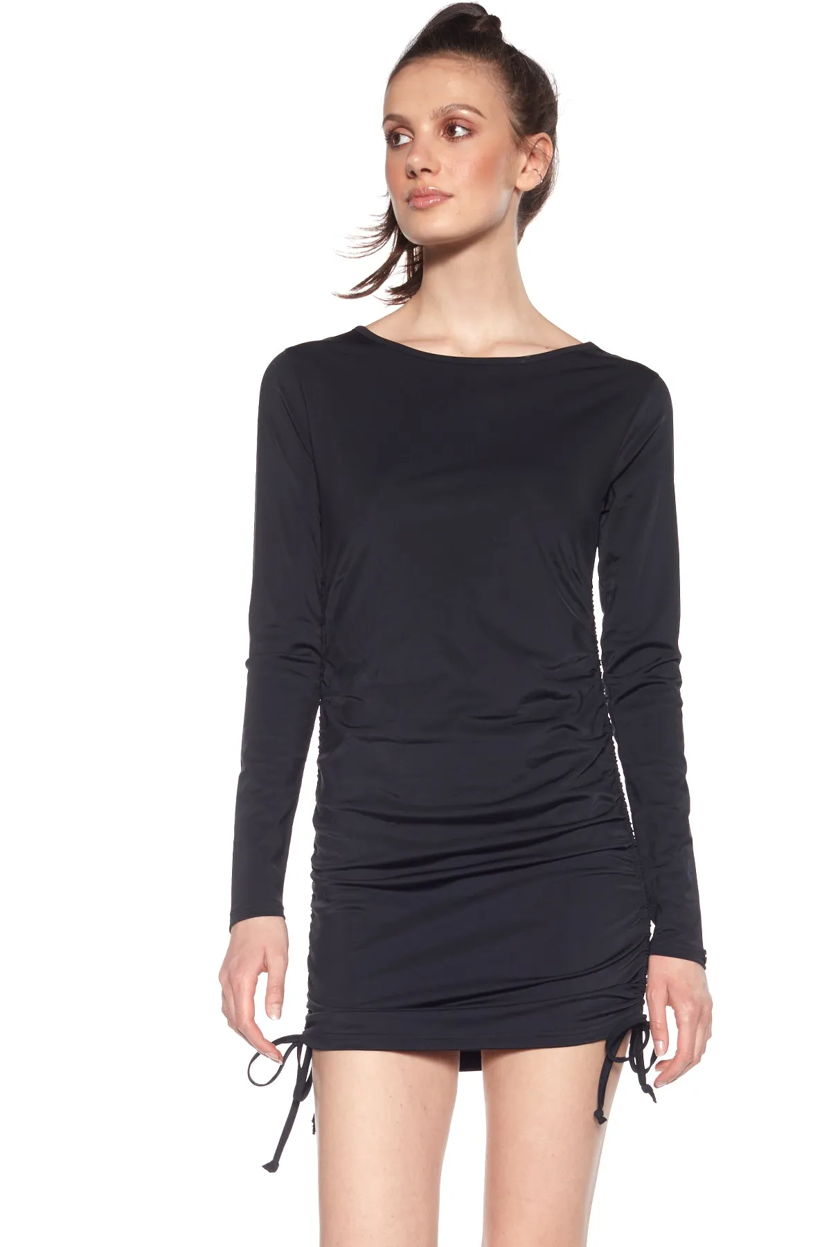 Long-Sleeved Cable-Shirred Dress - Black