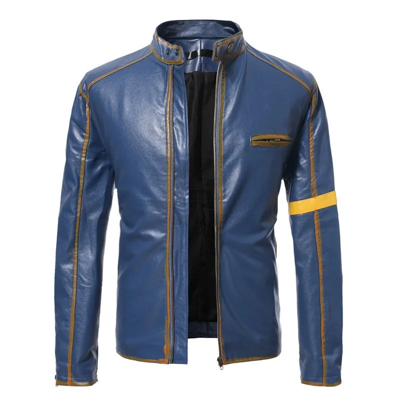 Men Vintage Stand Collar Zipper Riding Cardigan Jacket Motorcycle Casual Leather Jacket | D8H302