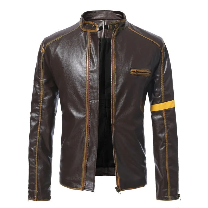 Men Vintage Stand Collar Zipper Riding Cardigan Jacket Motorcycle Casual Leather Jacket | D8H302