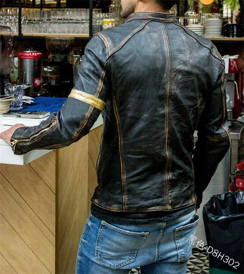 Men Vintage Stand Collar Zipper Riding Cardigan Jacket Motorcycle Casual Leather Jacket | D8H302