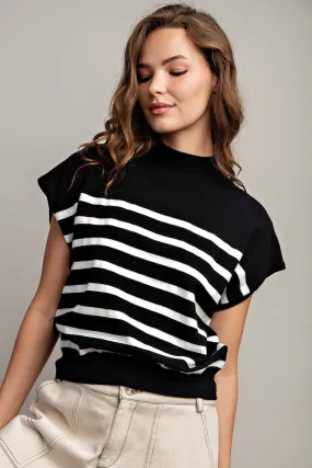 Mock Neck Short Sleeve Striped Top