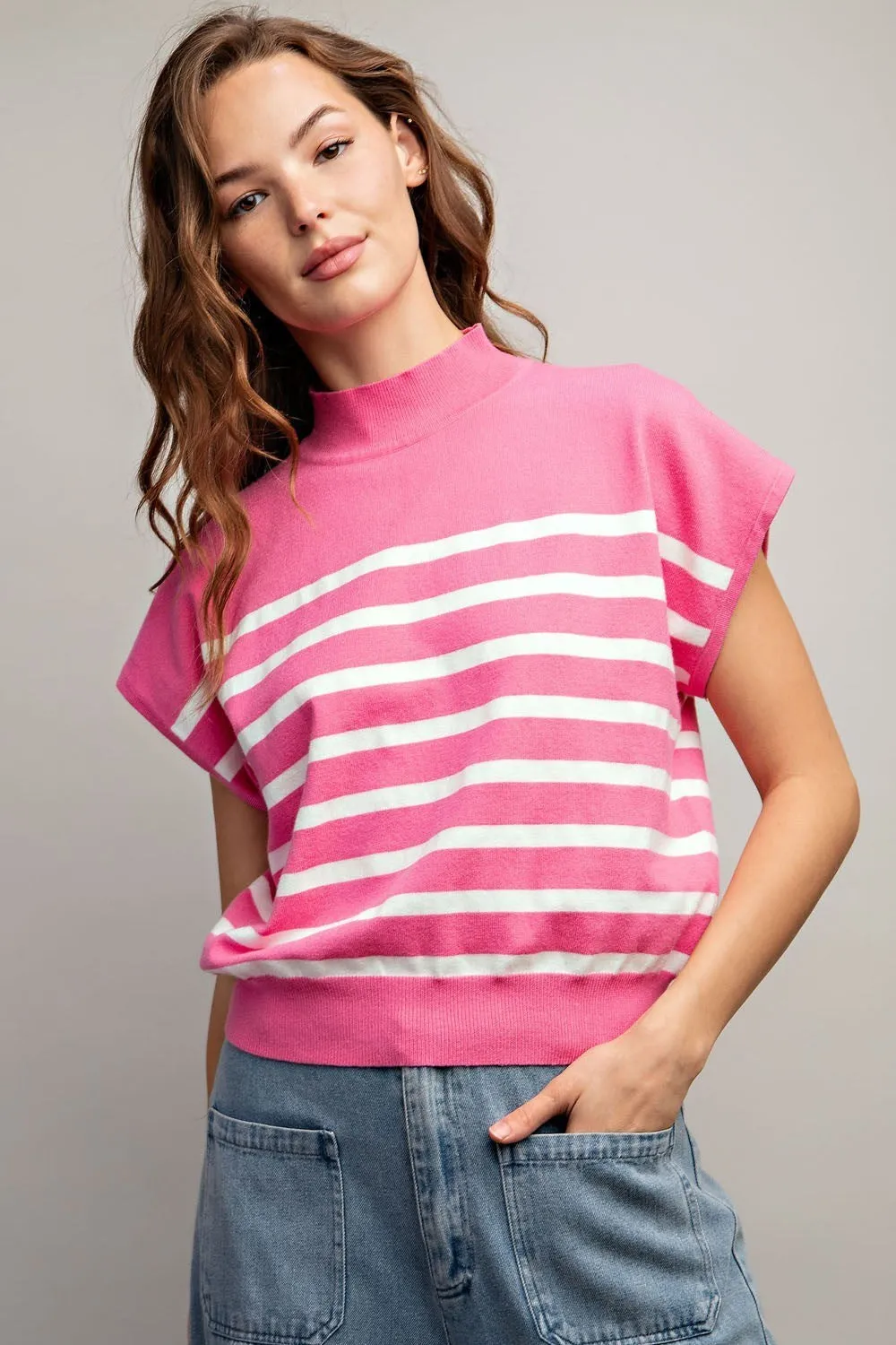 Mock Neck Short Sleeve Striped Top