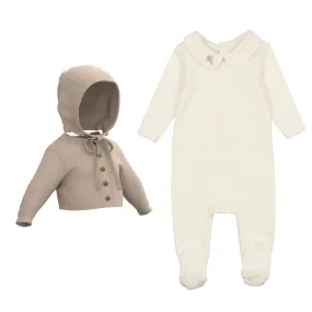 Mon Tresor Baby Classy Collar Set: Footie, Cardigan And Knit Hat Ivory And Taupe