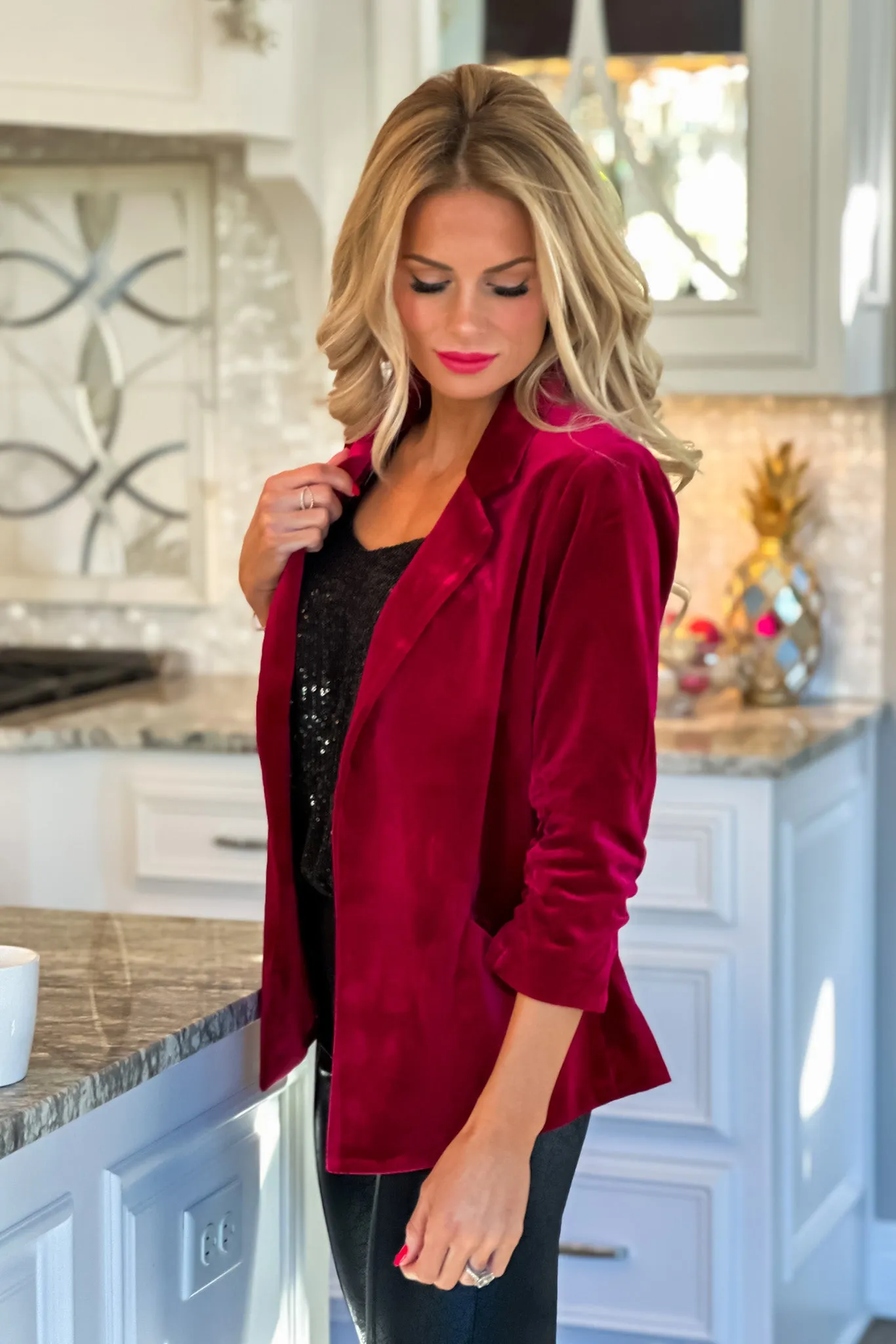 Never Holding Back Velvet Blazer : Cherry