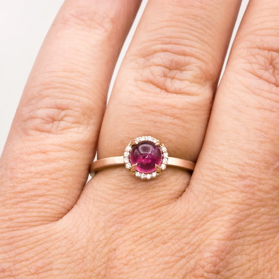 Pink Tourmaline & White Diamond Halo Rose Gold Cocktail Ring, size 4 to 9