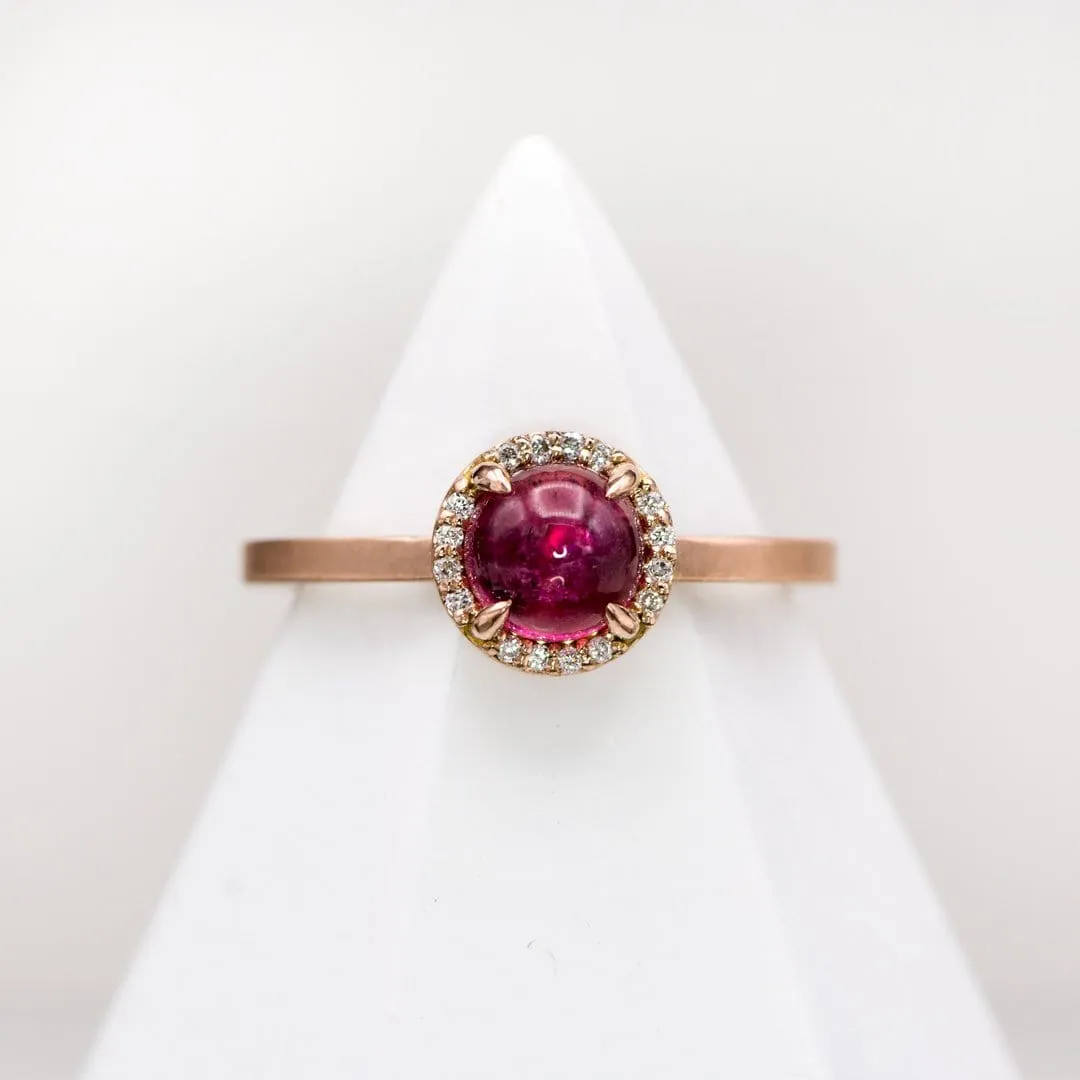 Pink Tourmaline & White Diamond Halo Rose Gold Cocktail Ring, size 4 to 9