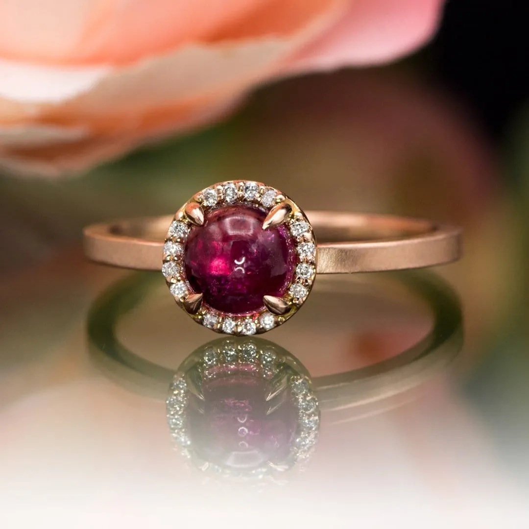 Pink Tourmaline & White Diamond Halo Rose Gold Cocktail Ring, size 4 to 9