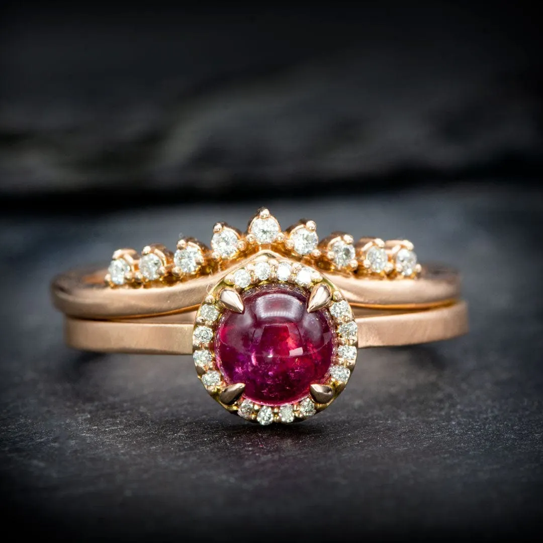 Pink Tourmaline & White Diamond Halo Rose Gold Cocktail Ring, size 4 to 9