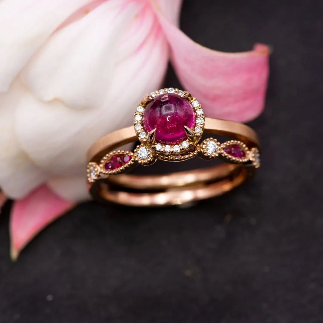 Pink Tourmaline & White Diamond Halo Rose Gold Cocktail Ring, size 4 to 9