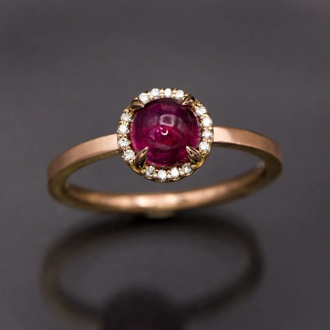 Pink Tourmaline & White Diamond Halo Rose Gold Cocktail Ring, size 4 to 9