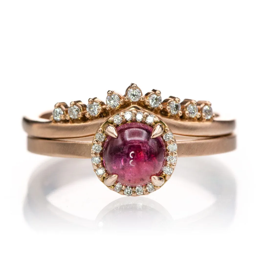 Pink Tourmaline & White Diamond Halo Rose Gold Cocktail Ring, size 4 to 9