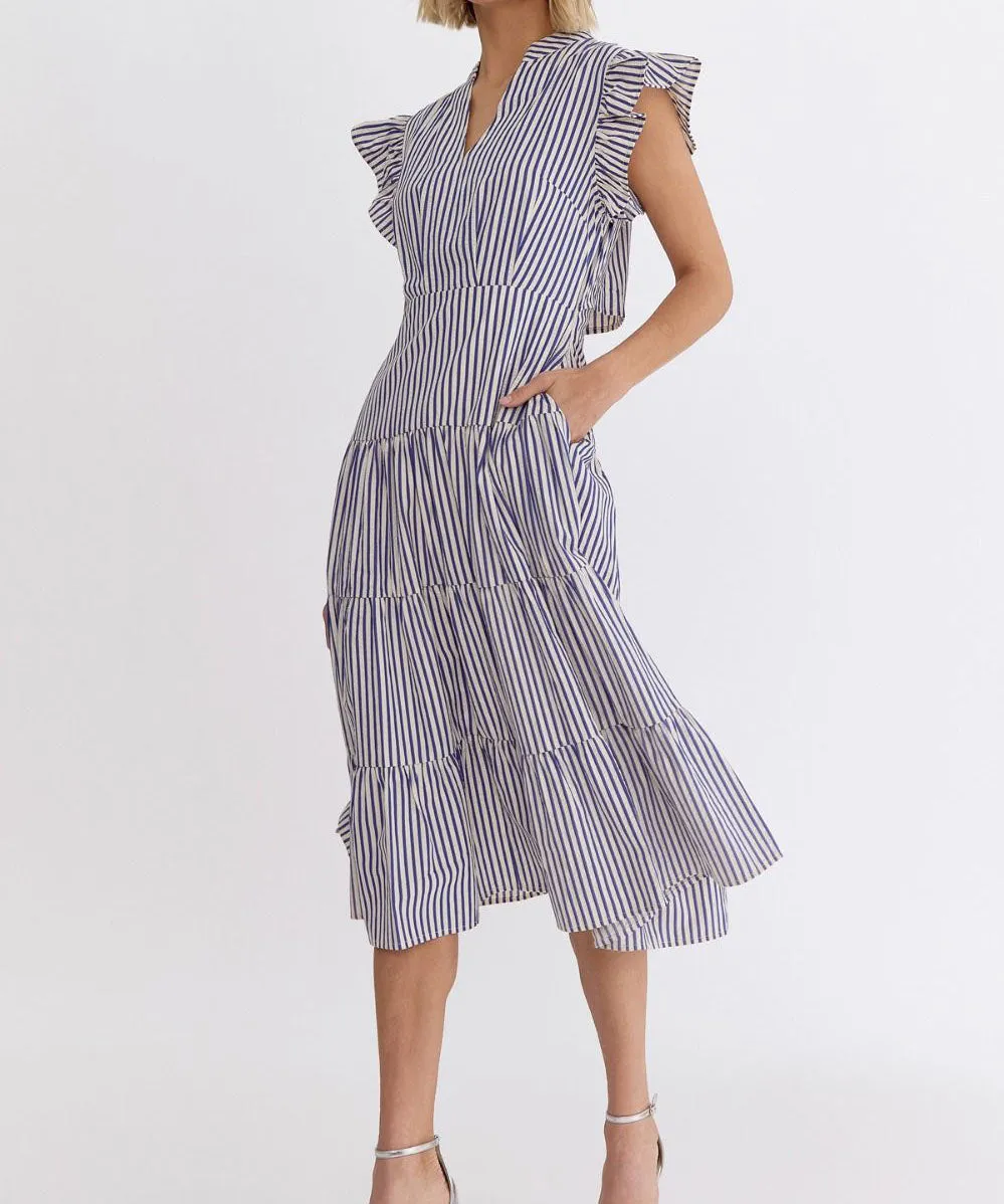 Stripe V-Neck Midi Dress - Blue - FINAL SALE