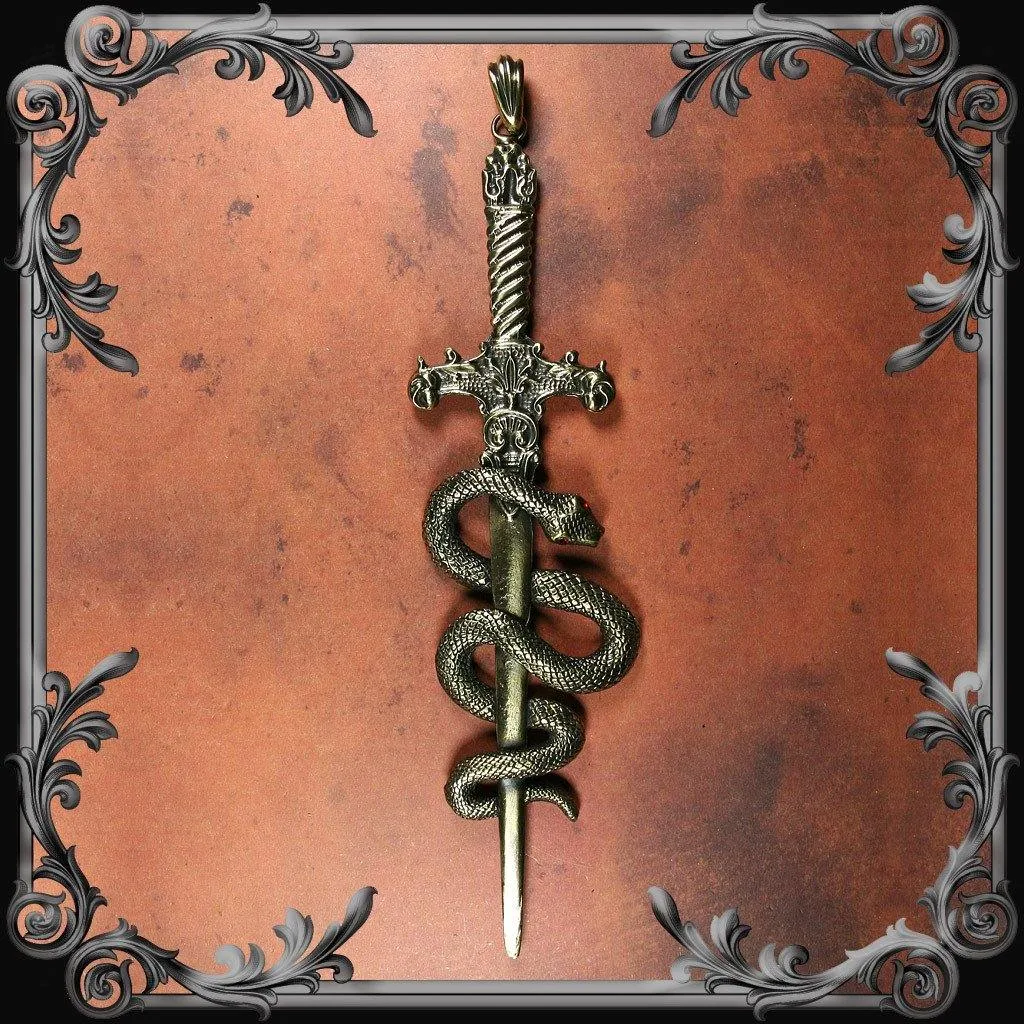 Sword and Serpent Pendant - Red Rhinestones - Antique Brass Finish