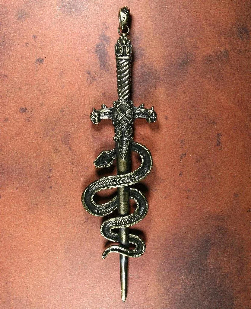 Sword and Serpent Pendant - Red Rhinestones - Antique Brass Finish