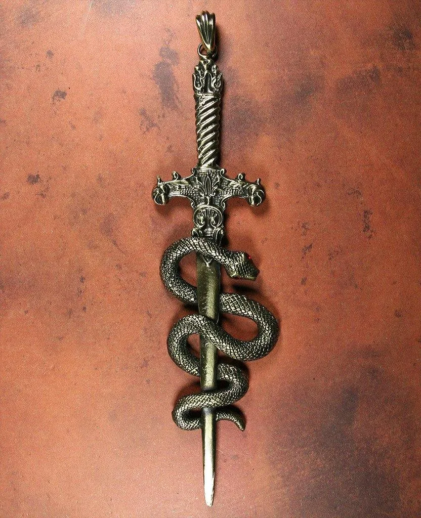 Sword and Serpent Pendant - Red Rhinestones - Antique Brass Finish