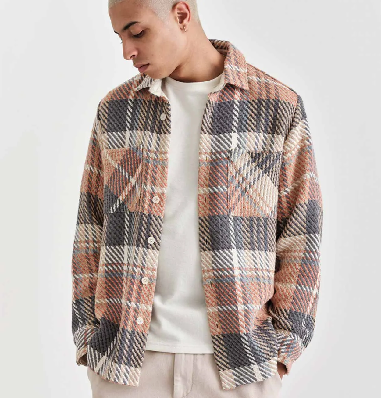 Wax London Whiting Overshirt in Orange & Grey Madras Check